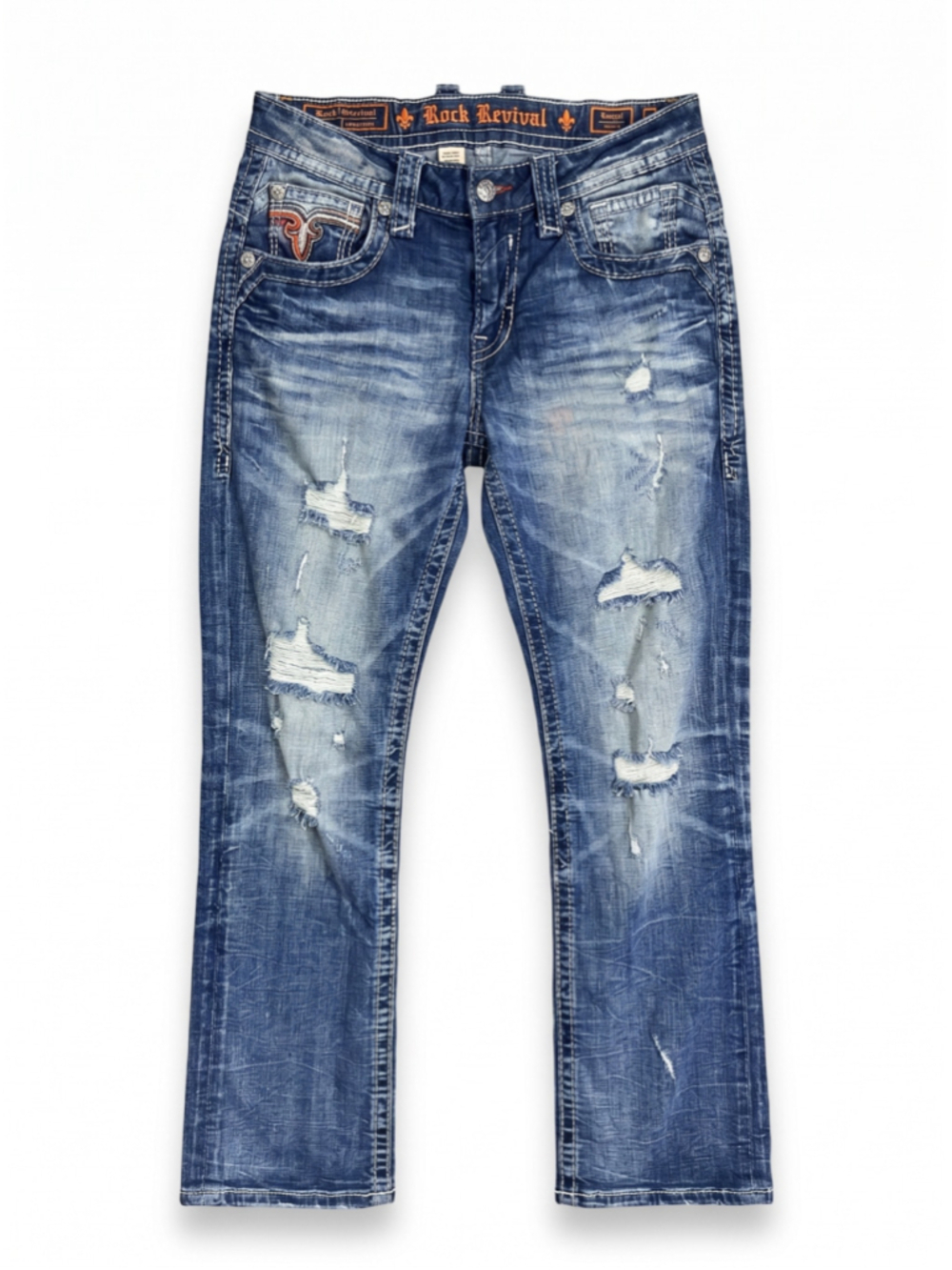 ROCK REVIVAL Clyde Straight Jeans, Distressed Streetwear, Sz 33
